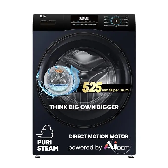 Haier 9 Kg 5 Star Powered by AI-DBT with Direct Drive Technology, PuriSteam, 525mm Super Drum Fully Automatic Front Load Washing Machine (EFL90-DM14IBIEBK,In-Built Heater,Steel Drum,Black)